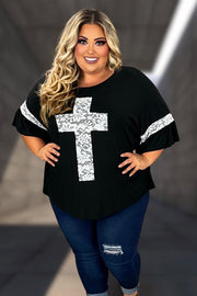 42 SD-Q {Mighty Cross} Black/Ivory Lace Cross & Sleeve Detail Top CURVY BRAND!!!  EXTENDED PLUS SIZE XL 2X 3X 4X 5X 6X