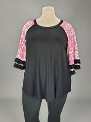 77 CP-A {Retro Feel} Black Pink Daisy Contrast Top CURVY BRAND!!!  EXTENDED PLUS SIZE 1X 2X 3X 4X 5X 6X