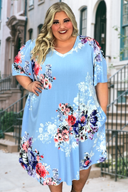 67 PSS-Q {Above The Clouds} Sky Blue Floral V-Neck Dress EXTENDED PLUS SIZES 3X 4X 5X