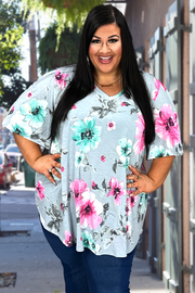 52 PSS-Y {All In Fun} Grey/Pink Floral V-Neck Top PLUS SIZE XL 2X 3X