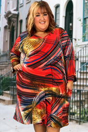 44 PQ-B {Beyond The Waves} Red/Multi-Print V-Neck Dress EXTENDED PLUS SIZE 3X 4X 5X