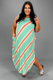 LD-P {Big Adventure} Mint Stripe Print Maxi Dress PLUS SIZE 1X 2X 3X