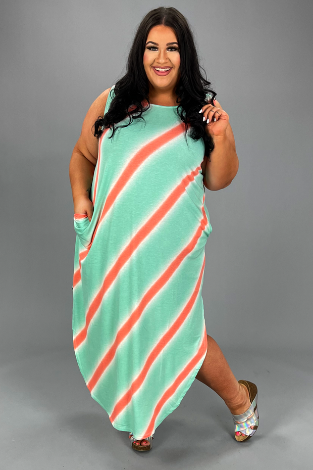 LD-P {Big Adventure} Mint Stripe Print Maxi Dress PLUS SIZE 1X 2X 3X