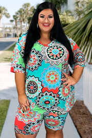 36 SET-A {Bold Opinions} Mint Mandala Print Short Set EXTENDED PLUS SIZE XL 2X 3X 4X 5X