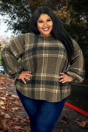 42 PLS-A {Campfire Moments} Brown Check Bubble Sleeve Top EXTENDED PLUS SIZE 3X 4X 5X