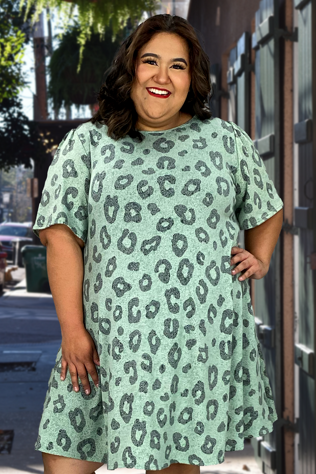 28 OR 31 PSS-X {Cause I'm Happy} Dusty Mint Animal Print Dress EXTENDED PLUS SIZE 3X 4X 5X