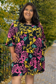 22 PQ-A {Change Your Life} Black Damask Print V-Neck Dress EXTENDED PLUS SIZE 4X 5X 6X