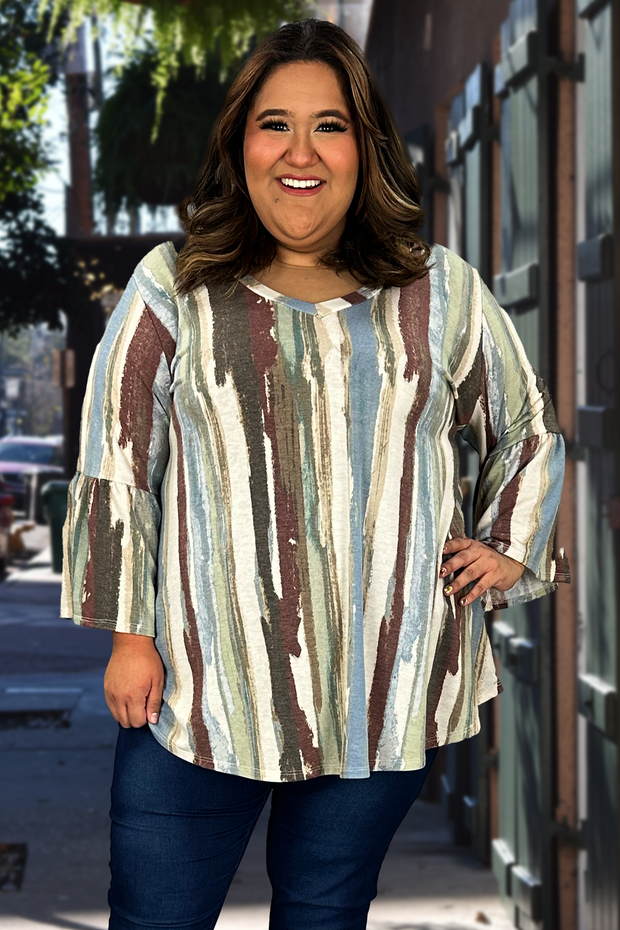 50 PQ-A {Choose Me} Brown V-Neck Stripe Print Tunic EXTENDED PLUS SIZE 3X 4X 5X