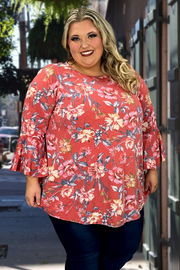 89 PQ-Z {Classic Gal} Brick Red Floral Bell Sleeve Top EXTENDED PLUS SIZE 3X 4X 5X