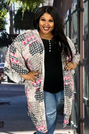 19 OT-R {Delicately Delivered} Charcoal Coral Print Kimono PLUS SIZE XL 2X 3X