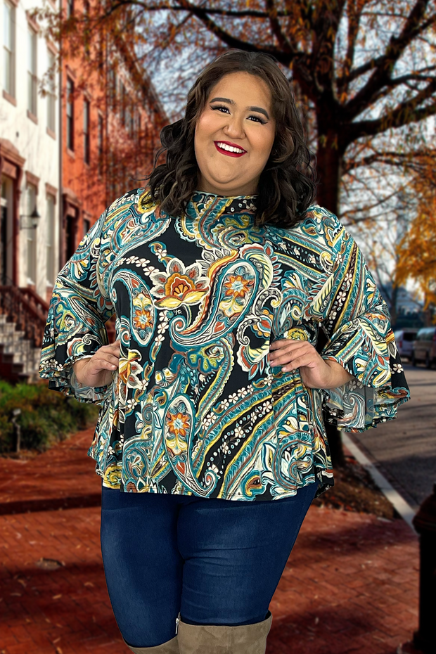 55 PQ-E {Day Trip} Black Teal Paisley Print Top EXTENDED PLUS SIZE 3X 4X 5X