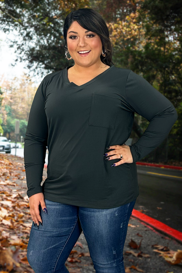 31 SLS-F {Ease Your Mind} Ash Grey V-Neck Top w/Pocket PLUS SIZE 1X 2X 3X