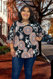 27 PQ-B {Energy Burst} Black Coral Print Strappy Neck Top CURVY BRAND EXTENDED PLUS SIZE 3X 4X 5X