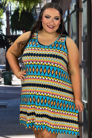 SV-Y {Find Me} Blue/Fuchsia Ethnic Print Dress PLUS SIZE 1X 2X 3X