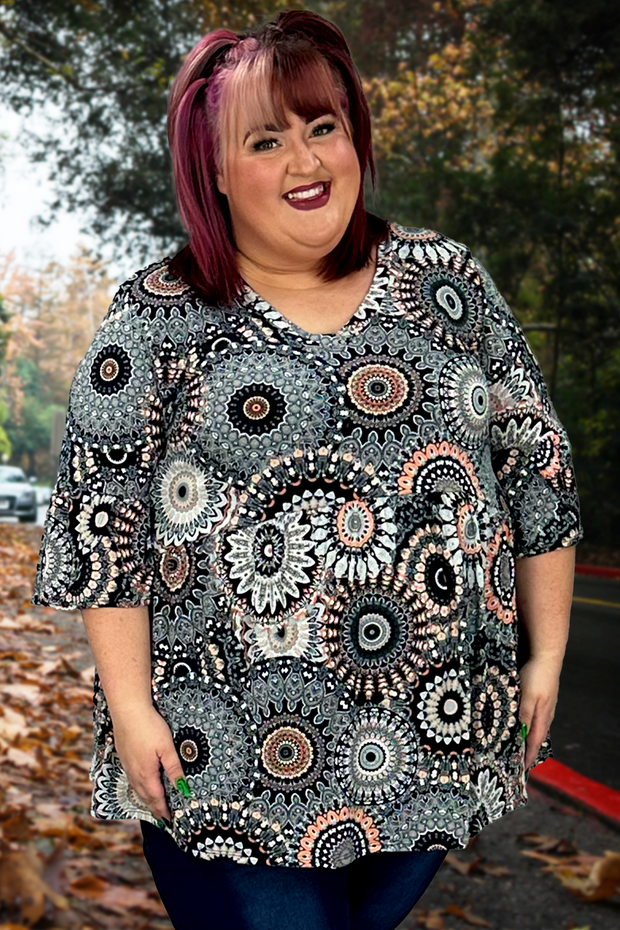 65 PSS-C {Fire And Desire} Grey Mandala Print Babydoll Top EXTENDED PLUS SIZE 3X 4X 5X