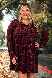 62 OR 35 PLS-C {For The Love Of Style} Burgundy SALE!! Print Babydoll Dress PLUS SIZE 1X 2X 3X