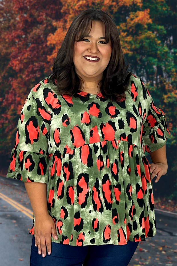 30 PQ-J {Full Of Hope} Olive Leopard Print Babydoll Top EXTENED PLUS SIZE 3X 4X 5X