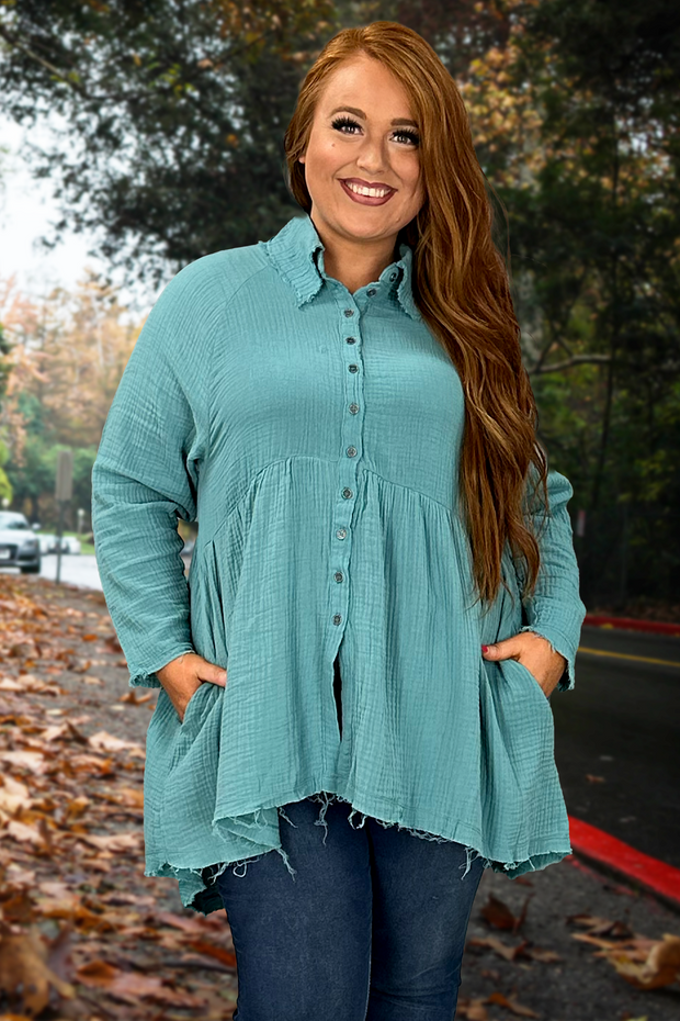 22 SLS-E {Fun And Done} Dusty Teal Peplum  Top PLUS SIZE 1X 2X 3X