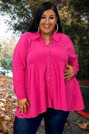 21 SLS-C {Fun And Done} Hot Pink Peplum Raw Edge Top PLUS SIZE 1X 2X 3X