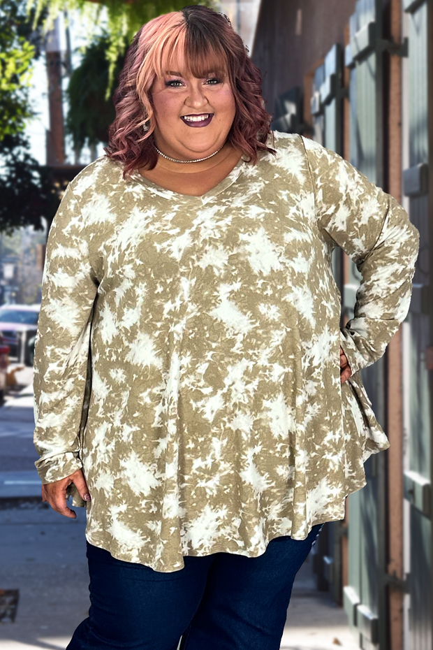 29 PLS-K {Going Up} Taupe Tie Dye V-Neck Top SALE!! EXTENDED PLUS SIZE 3X 4X 5X