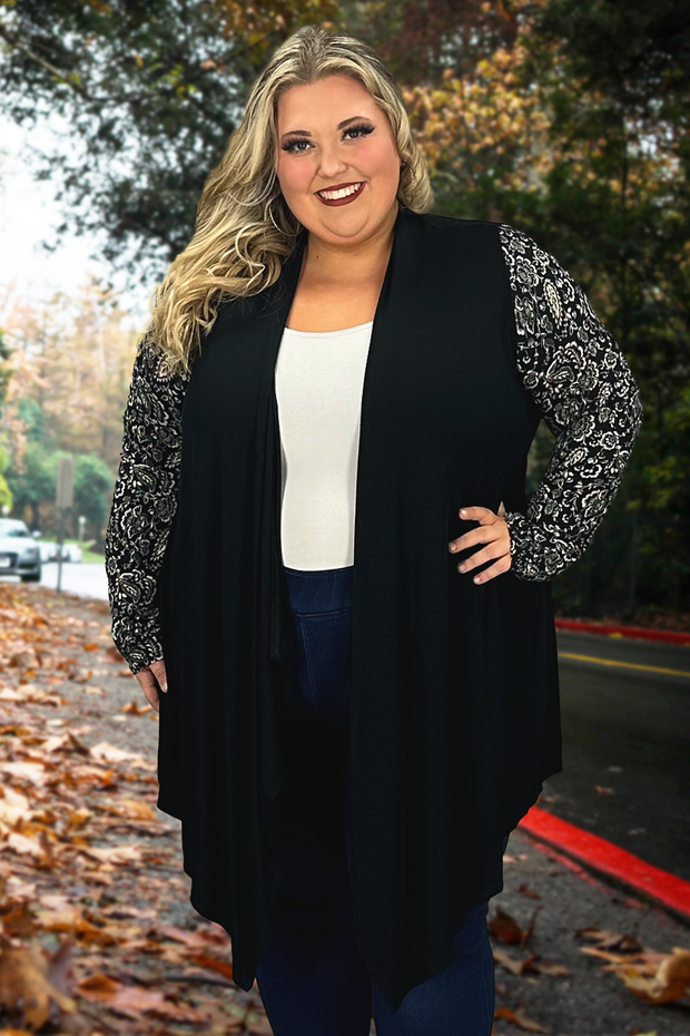 60 OR 26 OT-C {Hidden Agenda} Black Cardigan W/Printed Sleeves PLUS SIZE 1X 2X 3X