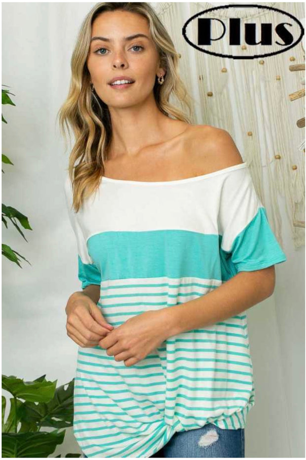 63 CP-I {Ocean Breeze}  SALE! Teal & White Stripe Contrast Top PLUS SIZE XL 2X 3X