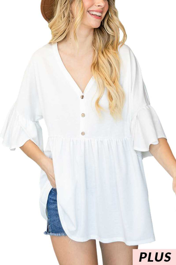 63 SQ-B {Brand New Day} SALE! Ivory Babyboll Top with Buttons PLUS SIZE XL 2X 3X