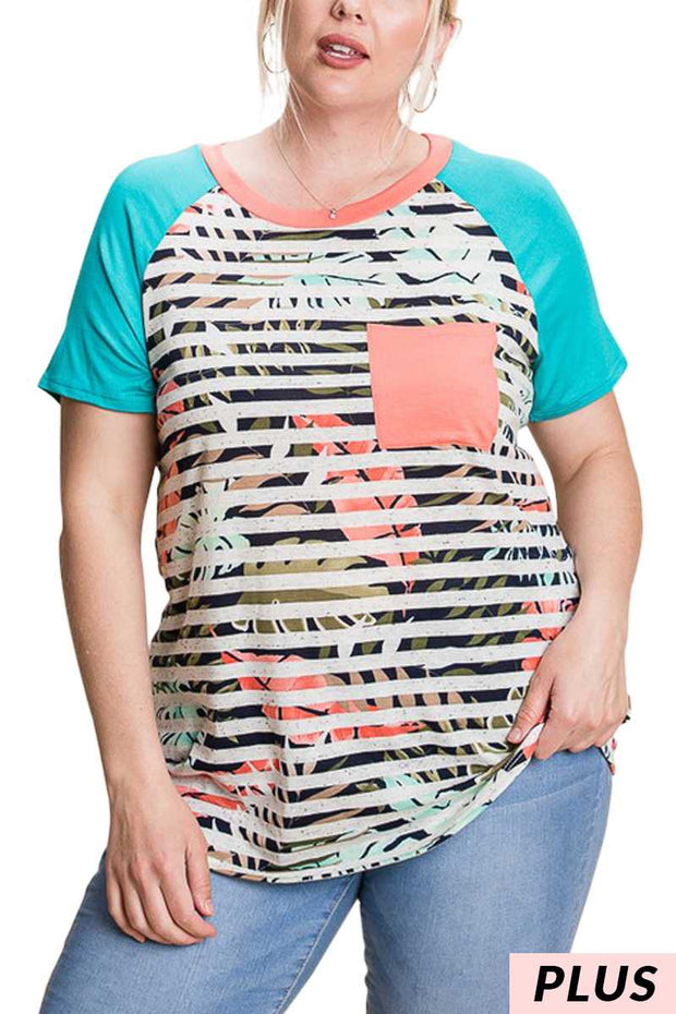 63 CP-A {Cosmic Love}  SALE! Teal/Coral Contrast Top with Pocket PLUS SIZE XL 2X 3X