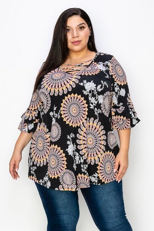 27 PQ-B {Energy Burst} Black Coral Print Strappy Neck Top CURVY BRAND EXTENDED PLUS SIZE 3X 4X 5X