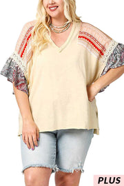 66 CP-A {Fun Daze} ***FLASH SALE***  Oatmeal Tunic with Multi Sleeve PLUS SIZE XL 1X 2X