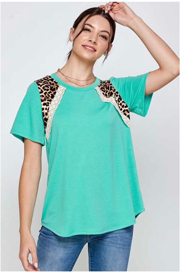 65 CP-T {Our Best Years} SALE!! Teal Top with Leopard Detail PLUS SIZE 1X 2X 3X