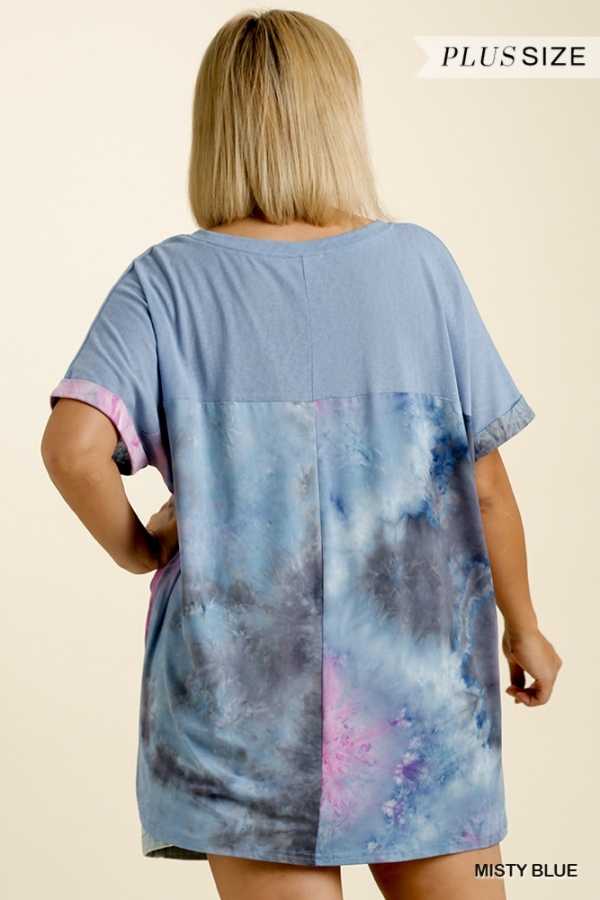 70 PSS V {Love Found You} "UMGEE" Sale!  Blue Tie-Dye Contrast Top PLUS SIZE XL 1XL 2XL