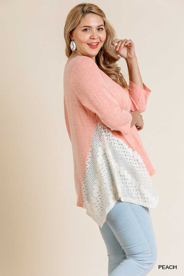 SD-T (Graceful Sway) UMGEE Peach Tunic W/ Crochet Detail PLUS SIZE XL, 1X, 2X SALE!!