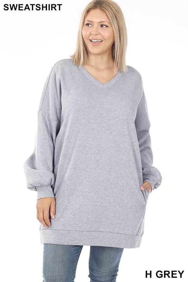 41 SLS-M [Cozy Days} Light Grey  V-Neck Tunic W/ Pockets PLUS SIZE XL