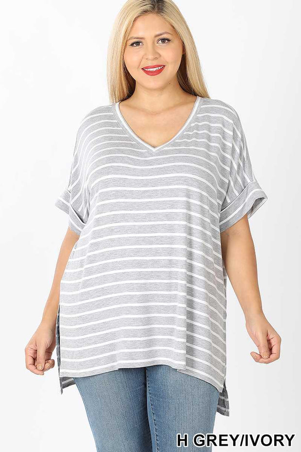 63 PSS-D {Good Energy}  SALE!! Gray Striped Top Cuffed Sleeves PLUS SIZE XL 2X 3X