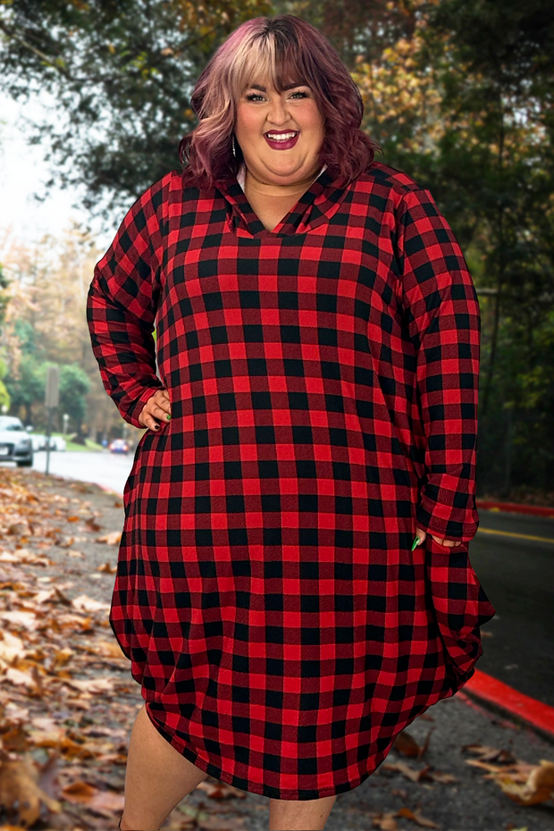 27 HD-A {In My Nature} Red/Black Checkered Dress w/Hood CURVY BRAND!!!  EXTENDED PLUS SIZE 4X 5X 6X