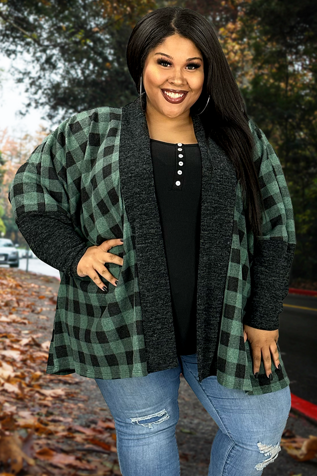 55 OT-B {Keep Me In Check}  Green Check Print Cardigan EXTENDED PLUS SIZE 1X 2X 3X 4X 5X