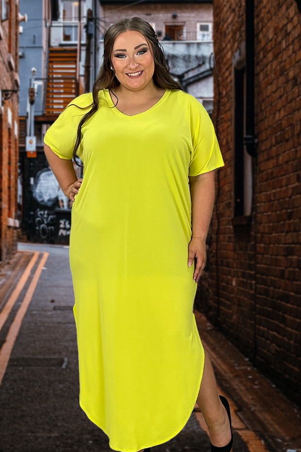 LD-Z {Lemon Drop} Yellow V-Neck SALE!!!Maxi Dress With Pockets PLUS SIZE 1X 2X 3X