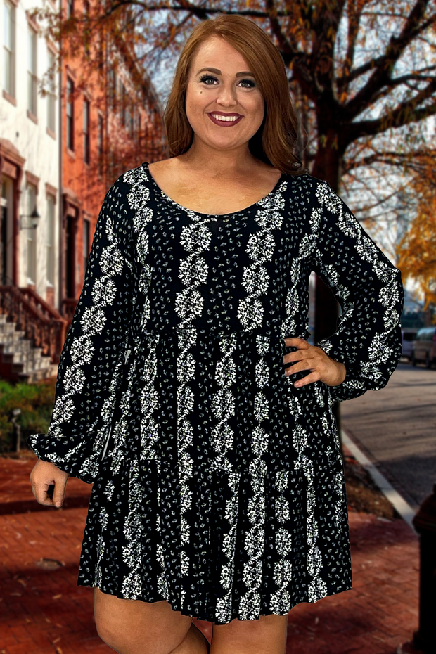 PLS-A {Little Darling}  Black & Ivory Floral Print Elastic Sleeve Dress  ***No Stretch***PLUS SIZE 1X 2X 3X