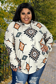 93  HD-R {Living Daydream} Cream Aztec Print Hoodie PLUS SIZE 1X 2X 3X