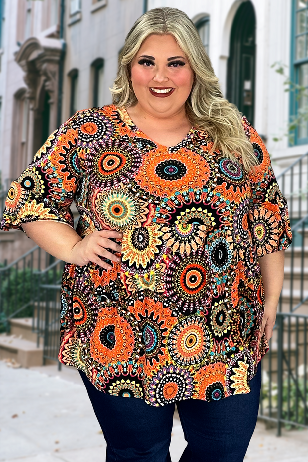 44 PQ-A {Look My Way} Orange Print V-Neck Babydoll Top EXTENDED PLUS SIZE 3X 4X 5X