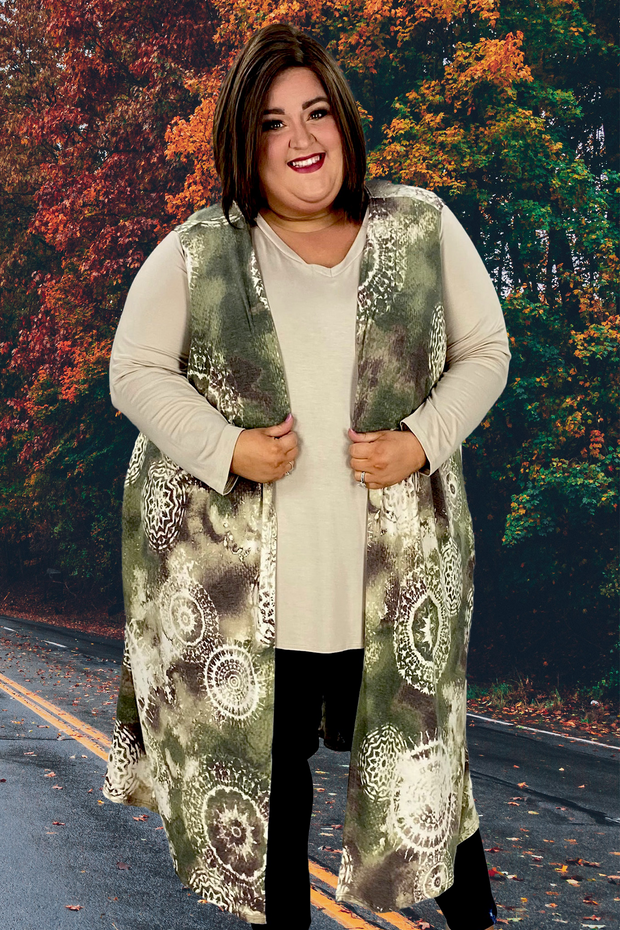 87 OT-Z {Love and Laughter} Olive Print Long Vest W/Pockets EXTENDED PLUS SIZE 4X 5X 6X