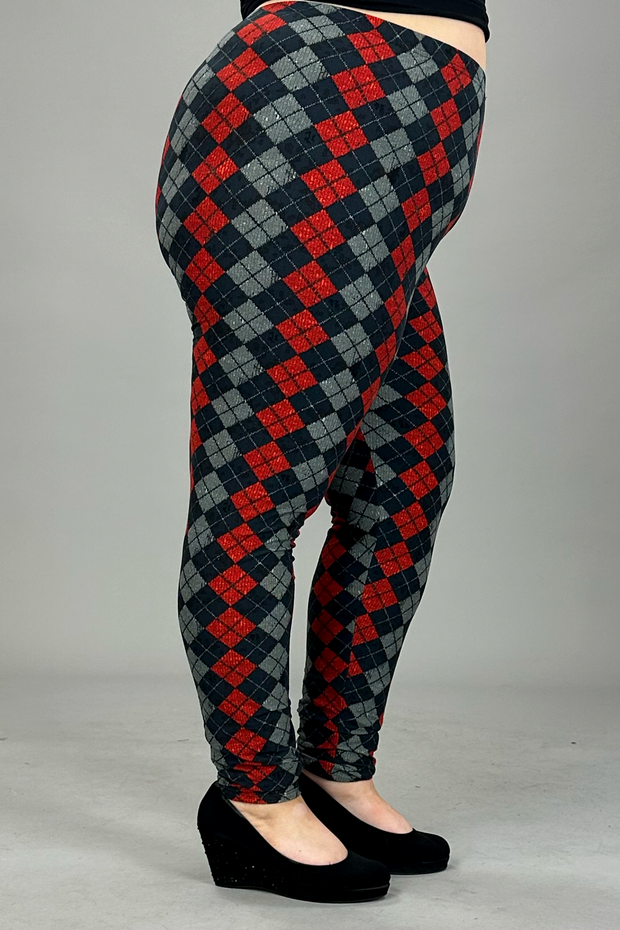 LEG-38 {Making Up} Red Argyle Print Full Length Leggings EXTENDED PLUS SIZE 3X/5X