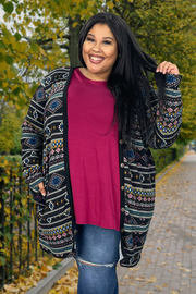 30 OT-B {Moroccan Nights} Black Aztec Print Cardigan PLUS SIZE 1X 2X 3X