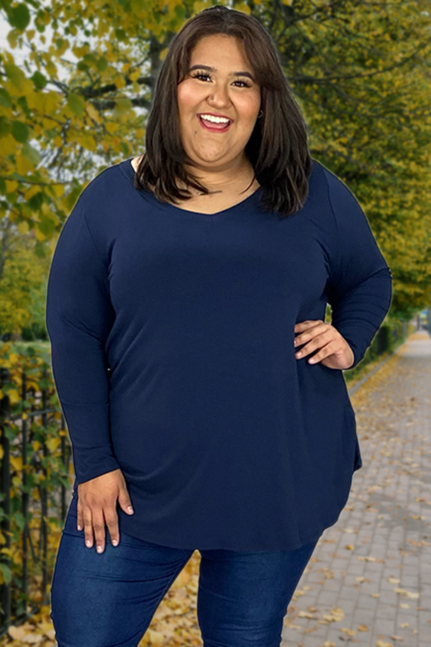 38 SLS-G {Nothing Basic} Navy V-Neck  Long Sleeve Tunic SALE!!! CURVY BRAND EXTENDED PLUS SIZE 3X 4X 5X 6X