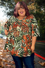 30 PQ-P {Olive Dreams} Olive Red Print Babydoll Top EXTENDED PLUS SIZE 3X 4X 5X