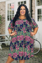 55 PSS-D {One Good Reason} Navy SALE!! Print V-Neck Dress EXTENDED PLUS SIZE 3X 4X 5X