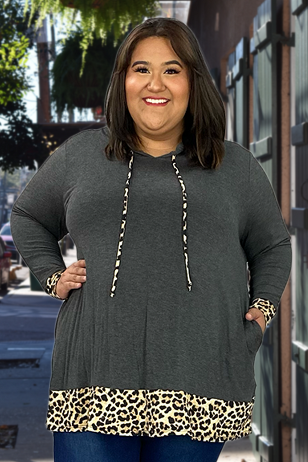 21 HD-B {Party At Curvy} Gray/Leopard Contrast Hoodie CURVY BRAND!! EXTENDED PLUS SIZE 3X 4X 5X 6X