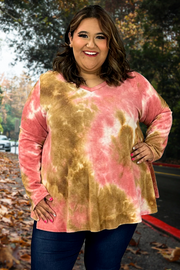 22 PLS-M {Pink Clouds} Pink Tie Dye V-Neck Top EXTENDED PLUS SIZE 3X 4X 5X
