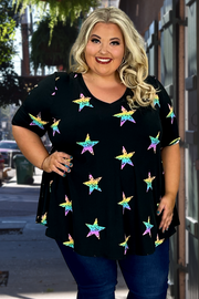 28 PSS-Z {Rebellious Star} Black Star Print V-Neck Top EXTENDED PLUS SIZE 3X 4X 5X